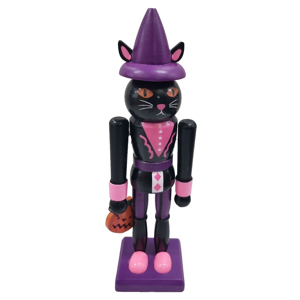 Wooden Nutcracker, 8.5" HALLOWEEN,BLACK CAT IN PURPLE HAT & PINK SHOES, Momentum